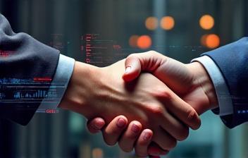 Affiliate partnership handshake and digital dashboard
